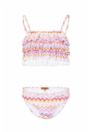 Maillot de bain deux-pièces pour enfants avec motif zigzag multicolore, haut à volants avec fines bretelles et culotte de bikini assortie avec logo de la marque.
