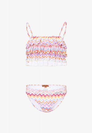 Maillot de bain deux-pièces pour enfants avec motif zigzag multicolore, haut à volants avec fines bretelles et culotte de bikini assortie avec logo de la marque.