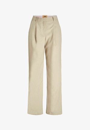 Beige, viddebenede bukser lavet af letvægtsstof. Har forklaring, en glat talje og en mærkat indeni taljen.