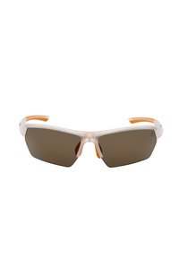Occhiali da sole con montatura trasparente, lenti ambrate e dettagli arancioni sulle tempie; design angolare e forma sportiva.