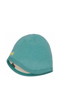 Un cappello in pile color turchese con una forma arrotondata, caratterizzato da un'etichetta verde e un'interno color crema. I bordi sono rifiniti con un bordo turchese abbinato.