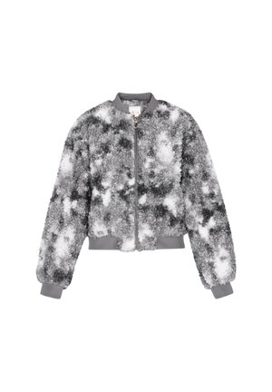 Gray and white fuzzy zip-up jacket with ribbed collar, cuffs, and hem, featuring a soft, textured, cloud-like pattern.