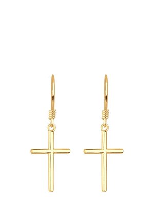 Boucles d'oreilles créoles en métal doré avec de simples pendentifs croix suspendus, présentées sur un fond blanc.