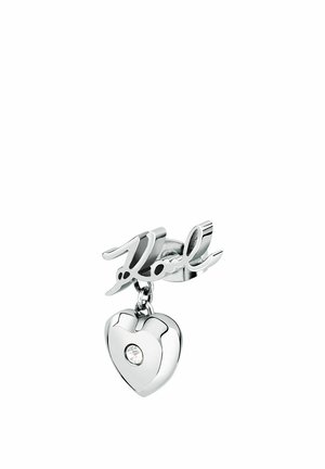 Silver charm featuring the word "Karl" and a dangling heart with a clear gemstone in the center. Smooth, polished finish throughout.