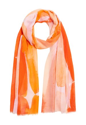 Weicher Schal in Farbverläufen von Orange und Pfirsich mit Aquarellmustern. Leichter Stoff mit Fransen. Rechteckige Form.