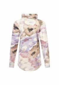 Langärmliges Oberteil mit Schalkragen aus einem weichen Stoff, das ein mehrfarbiges Aquarellmuster in Beige, Lavendel und Dunkelbraun aufweist.