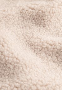 Tessuto in fleece beige chiaro con una superficie morbida e testurizzata che presenta un'abbondante pelliccia densa e sottili variazioni di tonalità.