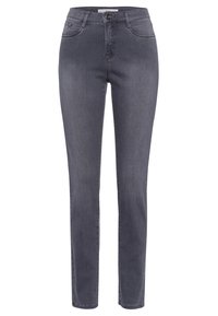 Vaqueros rectos de ajuste normal en gris oscuro, confeccionados en denim, con bolsillos frontales, presillas para cinturón y una cremallera con cierre de botón. Textura suave.