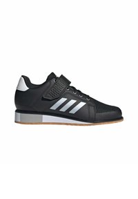 Black athletic shoe with mesh upper, silver accents, and a Velcro strap. Features a rubber sole and a cushioned heel for stability.