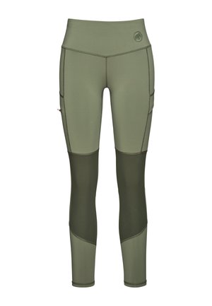 Olivengroene legging met een hoge tailleband, gaaspanelen en zijzakken. Beschikt over contrasterende texturen en gestikte naden voor duurzaamheid.