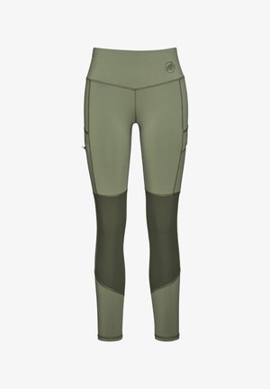 Leggings verde oliva con vita alta, pannelli in rete e tasche laterali. Presentano texture a contrasto e cuciture rinforzate per una maggiore durata.