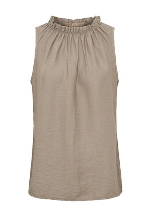 Ærmeløs beige bluse med en ruget høj halsudskæring og en let tekstureret stof, set forfra.