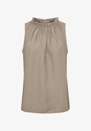 Ærmeløs beige bluse med en ruget høj halsudskæring og en let tekstureret stof, set forfra.