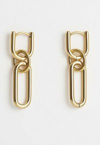 Guld metal øreringe med sammenkoblede kædeformer og store ovale samt cirkulære elementer. Glat, skinnende overflade og moderne design.