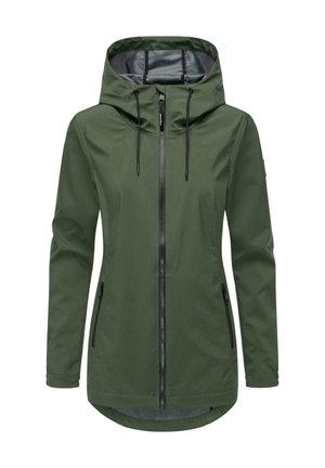 Jachetă impermeabilă verde cu glugă, fermoar frontal, două buzunare laterale și șnururi reglabile. Textură netedă, design până la șold.