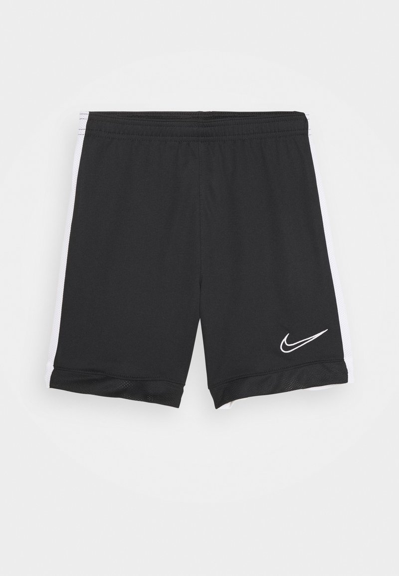 Black athletic shorts with white mesh side panels, elastic waistband, and a subtle white Nike swoosh logo on the lower right front.