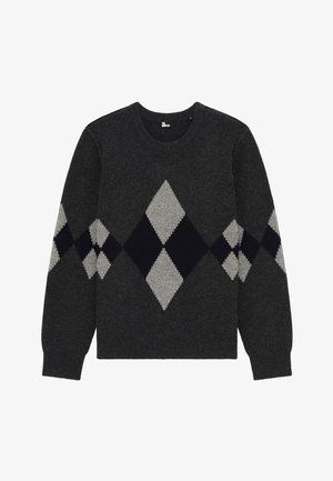 Dunkelgrauer Pullover mit einem Argyle-Muster in Marineblau und Hellgrau, runder Ausschnitt, gerippte Bündchen und Saum. Weiche Textur.