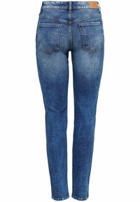 Blå denimjeans med en blekt tvätt, slim fit-design och två bakfickor. Etiketter på midjebandet visar märkesinformation.