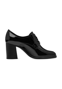 Scarpe con tacco in vernice nera, con punta squadrata, caratterizzate da un design con lacci e un tacco a blocco testurizzato. Superficie liscia con finitura lucida.