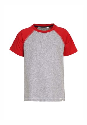 Gray short-sleeve t-shirt with red raglan sleeves. Soft cotton material, crew neck design, double stitching at hem, and a small logo tag.