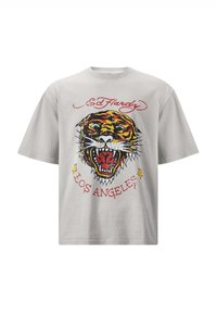 Grå bomulds t-shirt med et farverigt tiger-tryk med røde og gule accenter, samt tekst der siger "Ed Hardy" og "Los Angeles."