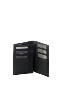 Portefeuille en cuir noir ouvert pour montrer plusieurs emplacements pour cartes et un compartiment pour les billets. Texture lisse ; design minimaliste.