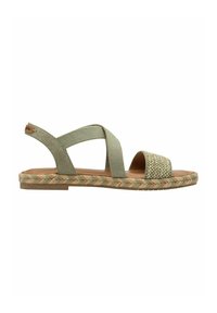 Sandali in tela verde con due larghe cinghie intrecciate, una soletta marrone chiaro e una suola in juta intrecciata. Design semplice con cinghie incrociate.