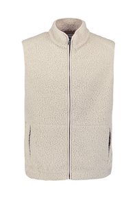 Crèmekleurig getextureerd fleece vest met opstaande kraag, rits aan de voorkant en zijzakken.