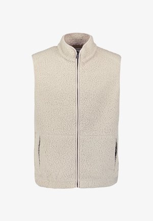 Cream-colored textured fleece vest with stand-up collar, front zipper, and side pockets.