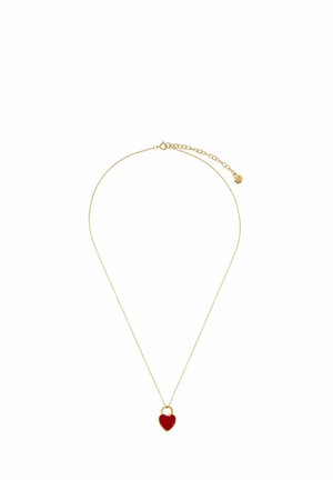Zarte goldene Halskette mit kleinem roten herzförmigem Schlossanhänger und verstellbarem Verschluss.
