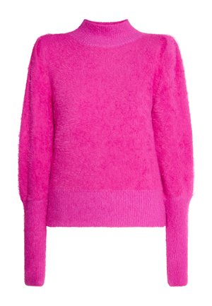 Kozjast pulover v roza barvi z visokim ovratnikom, dolgimi rokavi in rebrastimi manšetami. Mehak material in rahlo skrajšana zasnova.