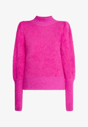 Udune roosa sviiter kõrge kaelusega, pikkade varrukatega ja ribatud mansettidega. Pehme tekstuur ja veidi lühendatud disain.