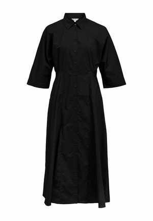 Melns vidēja garuma krekla kleita ar apkakli, pogājamu priekšpusi un platām trīs ceturtdaļu piedurknēm.