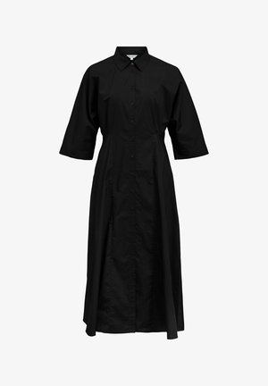 Fekete midi hosszúságú ingruha gallérral, gombos elejű és háromnegyedes, bő ujjak.