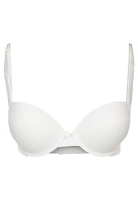 White padded underwire bra with adjustable straps, smooth fabric, matching closure at the back, and seamless design for a sleek appearance.