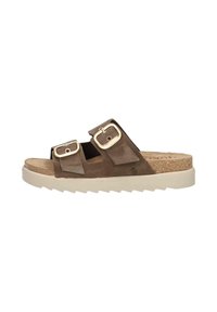Brown suede slide sandals with two adjustable gold-tone buckles, a cork footbed, and a white rubber sole featuring a serrated edge.