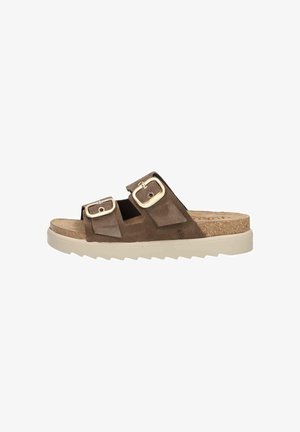Brown suede slide sandals with two adjustable gold-tone buckles, a cork footbed, and a white rubber sole featuring a serrated edge.