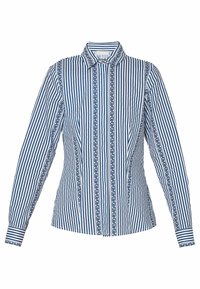 Camicia a maniche lunghe a righe in bianco e blu navy, con colletto, righe verticali e rifinitura decorativa sul davanti in un motivo geometrico.