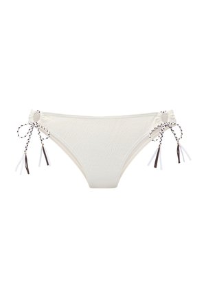White bikini bottoms with paisley texture and braided side ties featuring white and dark brown tassels on each side.
