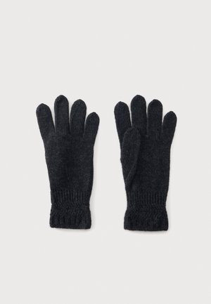 Par de guantes de lana negra tejido con puños acanalados, colocados planos con las palmas hacia abajo sobre un fondo claro.