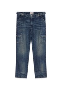 Dunkelblaue Denim-Cargo-Hose mit ausgewaschenem Finish. Sie verfügt über zwei Fronttaschen und zwei seitliche Cargo-Taschen mit Druckknopfverschlüssen.