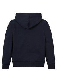 Marineblauer Hoodie mit Kordelzug und Kängurutasche. Verfügt über gerippte Bündchen und Saum. Hergestellt aus einem weichen, strukturierten Stoff.