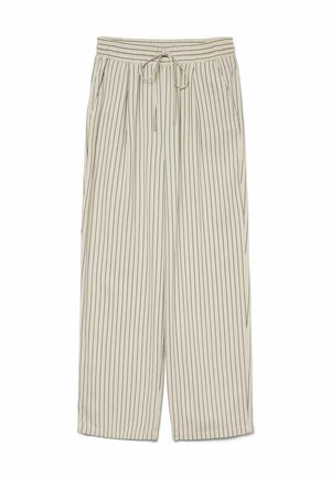 Kergelt beežid lühikesed püksid mustade vertikaalsete triipudega, elastne vööline ja tõmbluku köieots, küljetaskud ning pehme, voolav kangas.