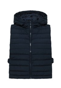 Marineblauer Puffer-Weste mit Kapuze, ausgestattet mit einem Frontreißverschluss, gestepptem Material und seitlichen Riemen zur Anpassung. Leicht und isoliert im Design.
