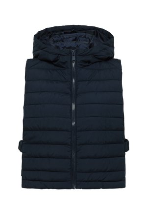 Marineblå quilted puffer vest med hætte, der har en frontlynlås, quiltet tekstur og sidebånd til justering. Let og isoleret design.
