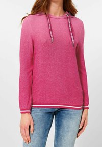 Pink hoodie with a gradient design, featuring a drawstring hood, long sleeves, and a ribbed hem with white and pink stripes.