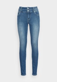 Blå denimjeans med smal passform, hög midja, stängning med två knappar och fyra fickor. Tyget har en mjuk textur med lätt blekning.