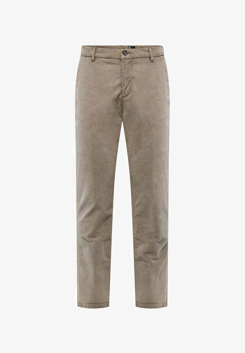 Beige Corduroyhosen mit geradem Bein, die eine strukturierte Oberfläche, seitliche Taschen und einen einzelnen Knopfverschluss aufweisen.