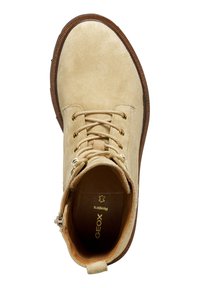 Stivaletto in suede beige con punta rotonda, occhielli dorati e suola in gomma marrone. L'interno presenta il logo e un rivestimento morbido. Stringhe per una vestibilità sicura.