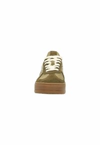 Olive green suede sneaker with white laces, tan rubber sole, and contrasting beige accents on the upper. Features a round toe design.